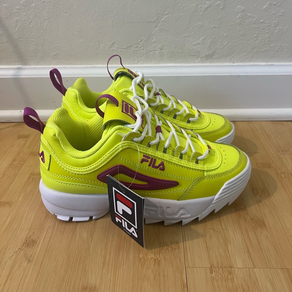 FILA Disruptor II Saftey Yellow Neon And Purple Women's Size 5 1/2